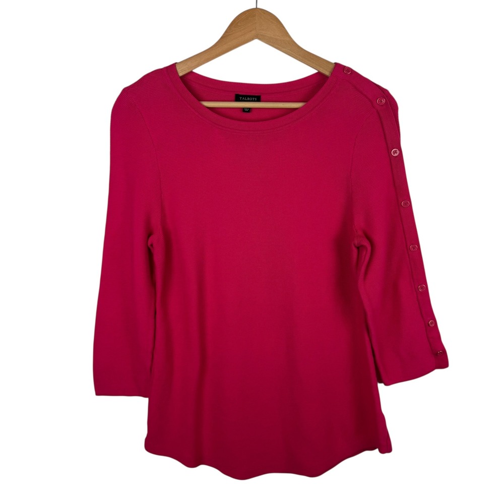 Talbots Womens Textured Knit Sweater Sz Medium Hot Pink 3/4 Sleeve Preppy Casual
